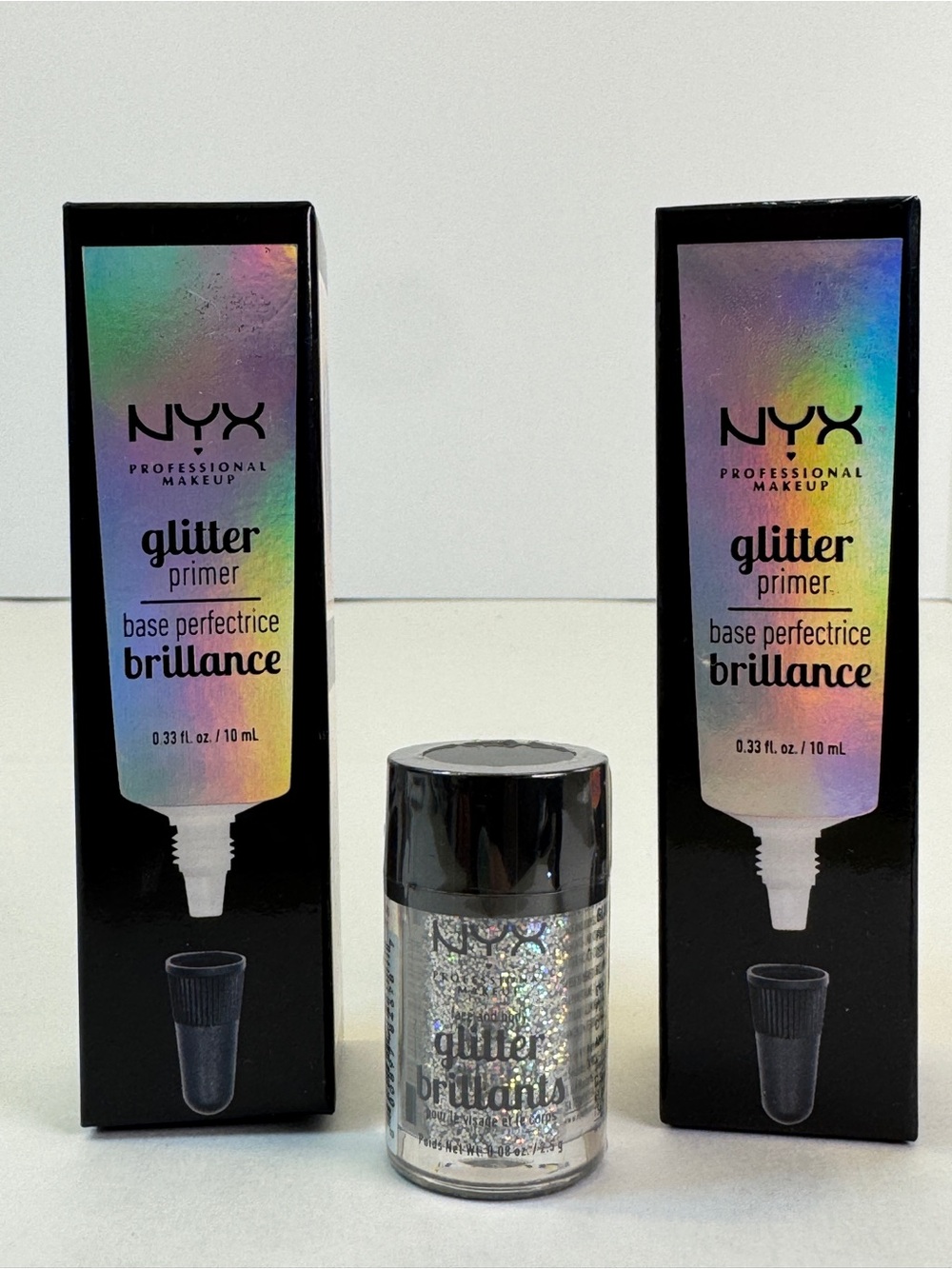 NYX Glitter Primer Lot of 2 + NYX Face & Body Loose Glitter Holographic Silver